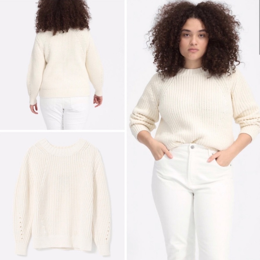 EVERLANE The Texture Cotton Crew Sweater Cream XL chunky knit